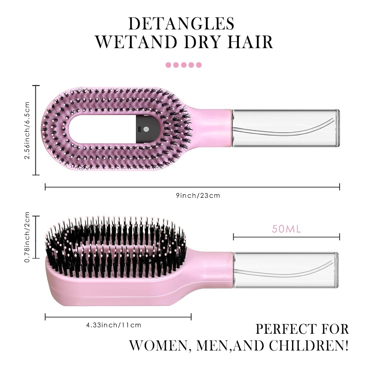 2-In-1 Detangler Hair Brush, with Built-In Mister Spray, Wet & Dry Detangling Brush for Curly, Wavy & Straight Hair | No-Tangle Anti-Frizz Hair Care Brush,Water Reservoir 50Ml. (Pink)