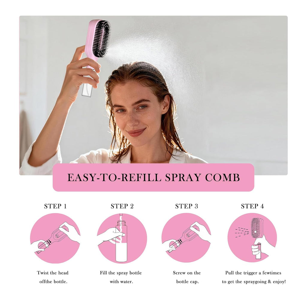 2-In-1 Detangler Hair Brush, with Built-In Mister Spray, Wet & Dry Detangling Brush for Curly, Wavy & Straight Hair | No-Tangle Anti-Frizz Hair Care Brush,Water Reservoir 50Ml. (Pink)