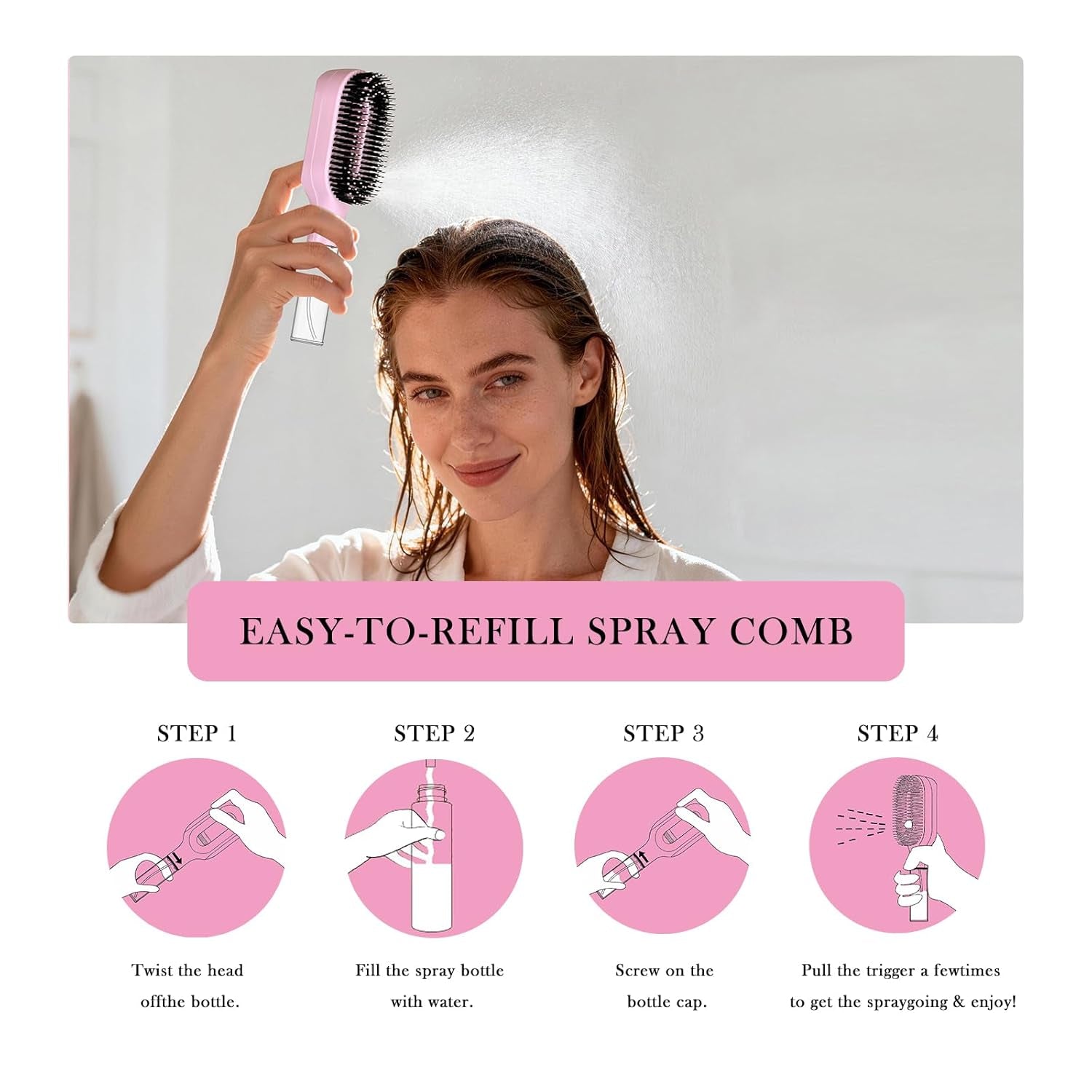 2-In-1 Detangler Hair Brush, with Built-In Mister Spray, Wet & Dry Detangling Brush for Curly, Wavy & Straight Hair | No-Tangle Anti-Frizz Hair Care Brush,Water Reservoir 50Ml. (Pink)