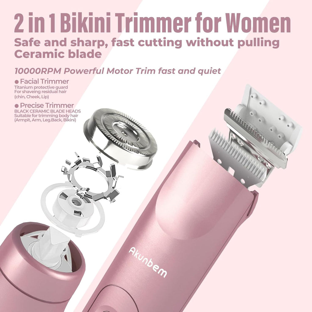 Women Electric Shaver Dual Head Bikini Trimmer for Women IPX7 Waterproof Wet & Dry Use Body Hair Trimmer and Facial Hair Remover for Bikini Underarm Leg Arm Body Face (Pink)