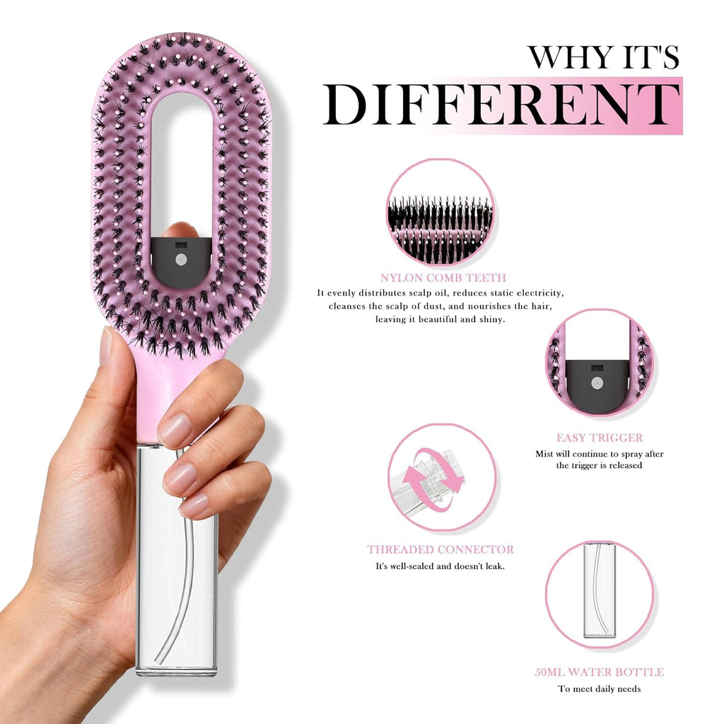 2-In-1 Detangler Hair Brush, with Built-In Mister Spray, Wet & Dry Detangling Brush for Curly, Wavy & Straight Hair | No-Tangle Anti-Frizz Hair Care Brush,Water Reservoir 50Ml. (Pink)