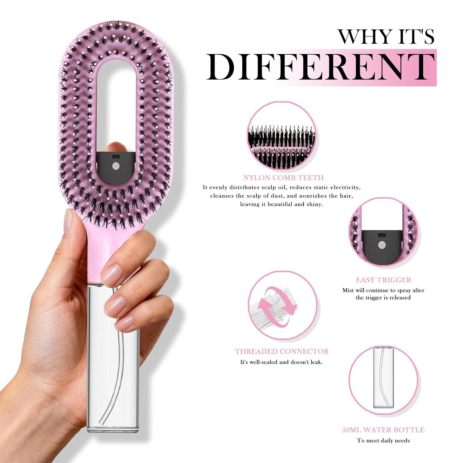 2-In-1 Detangler Hair Brush, with Built-In Mister Spray, Wet & Dry Detangling Brush for Curly, Wavy & Straight Hair | No-Tangle Anti-Frizz Hair Care Brush,Water Reservoir 50Ml. (Pink)