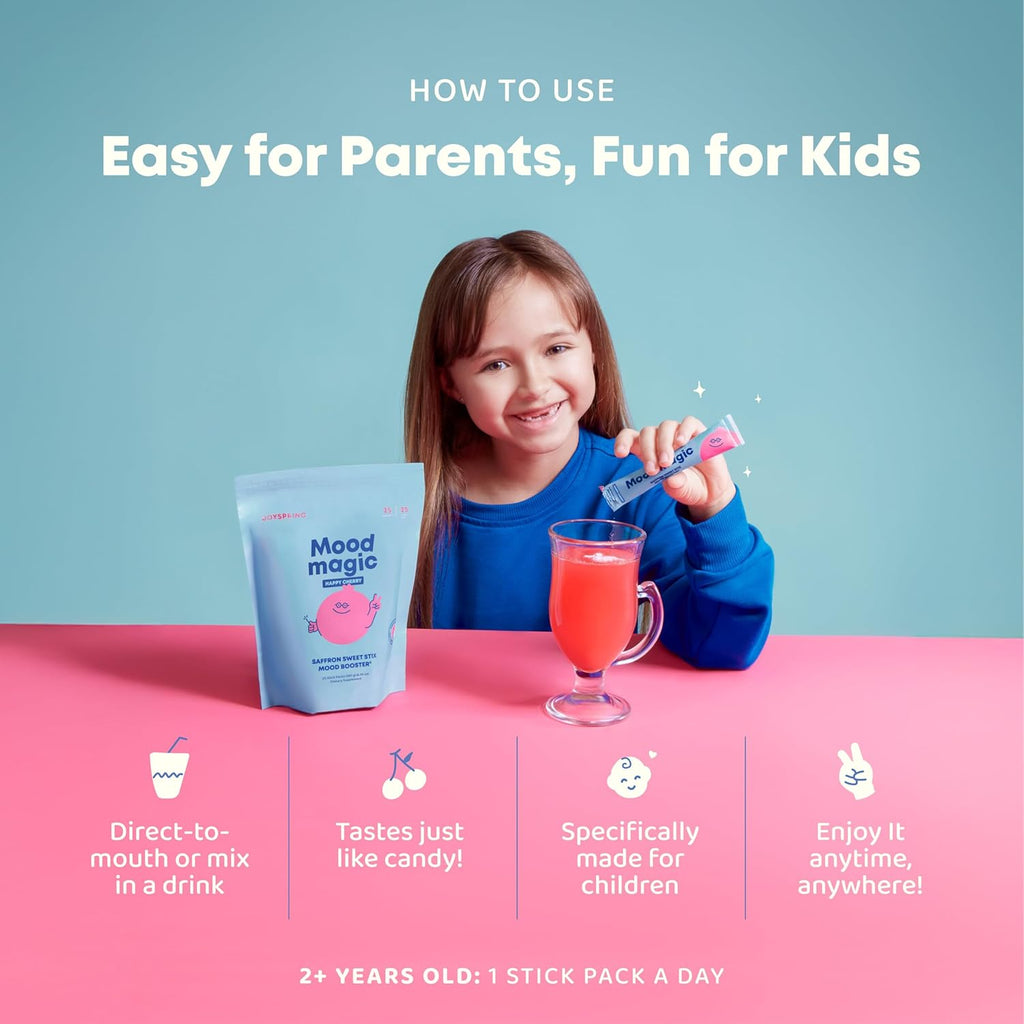 Pixie Sticks with Saffron & GABA for Kids | Mood Balance Supplements for Kids | Sugar-Free Powder Candy New Flavor Cherry Lime (25 Servings)