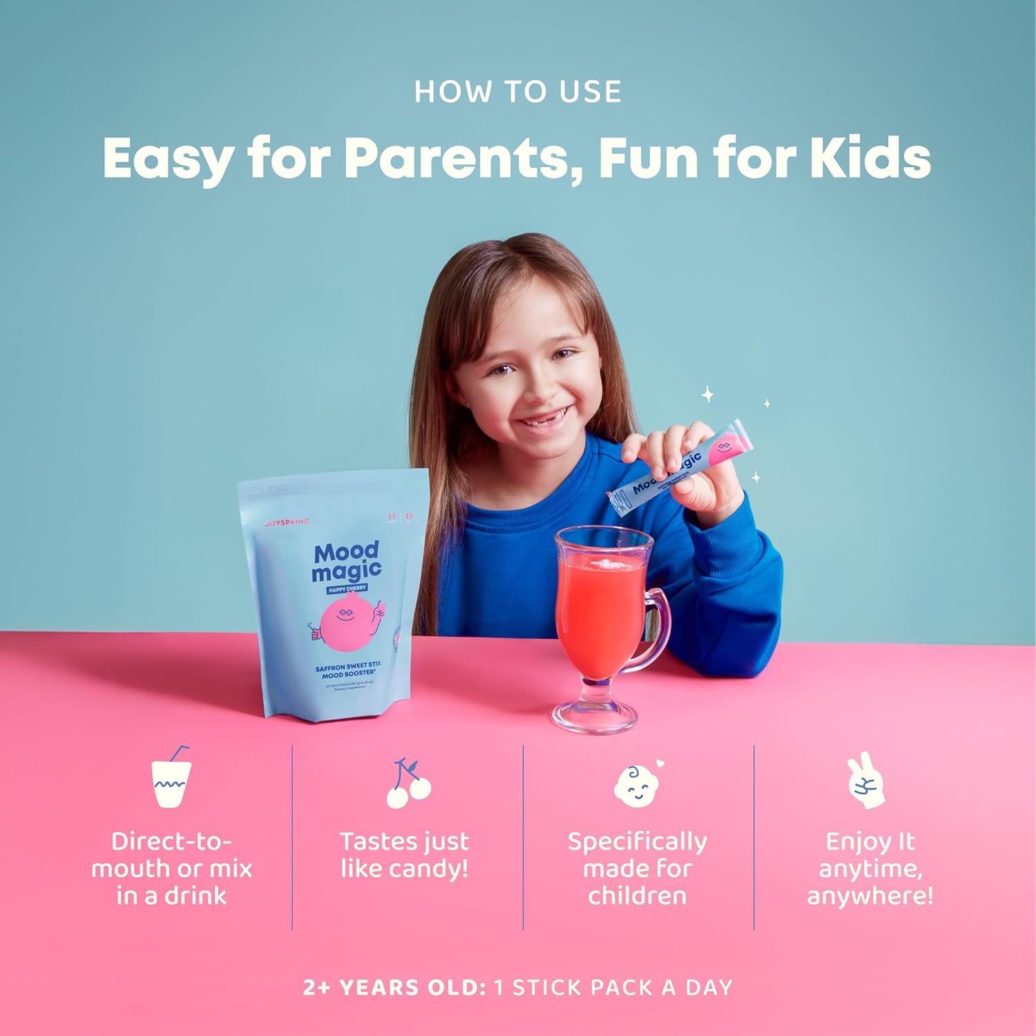 Pixie Sticks with Saffron & GABA for Kids | Mood Balance Supplements for Kids | Sugar-Free Powder Candy New Flavor Cherry Lime (25 Servings)