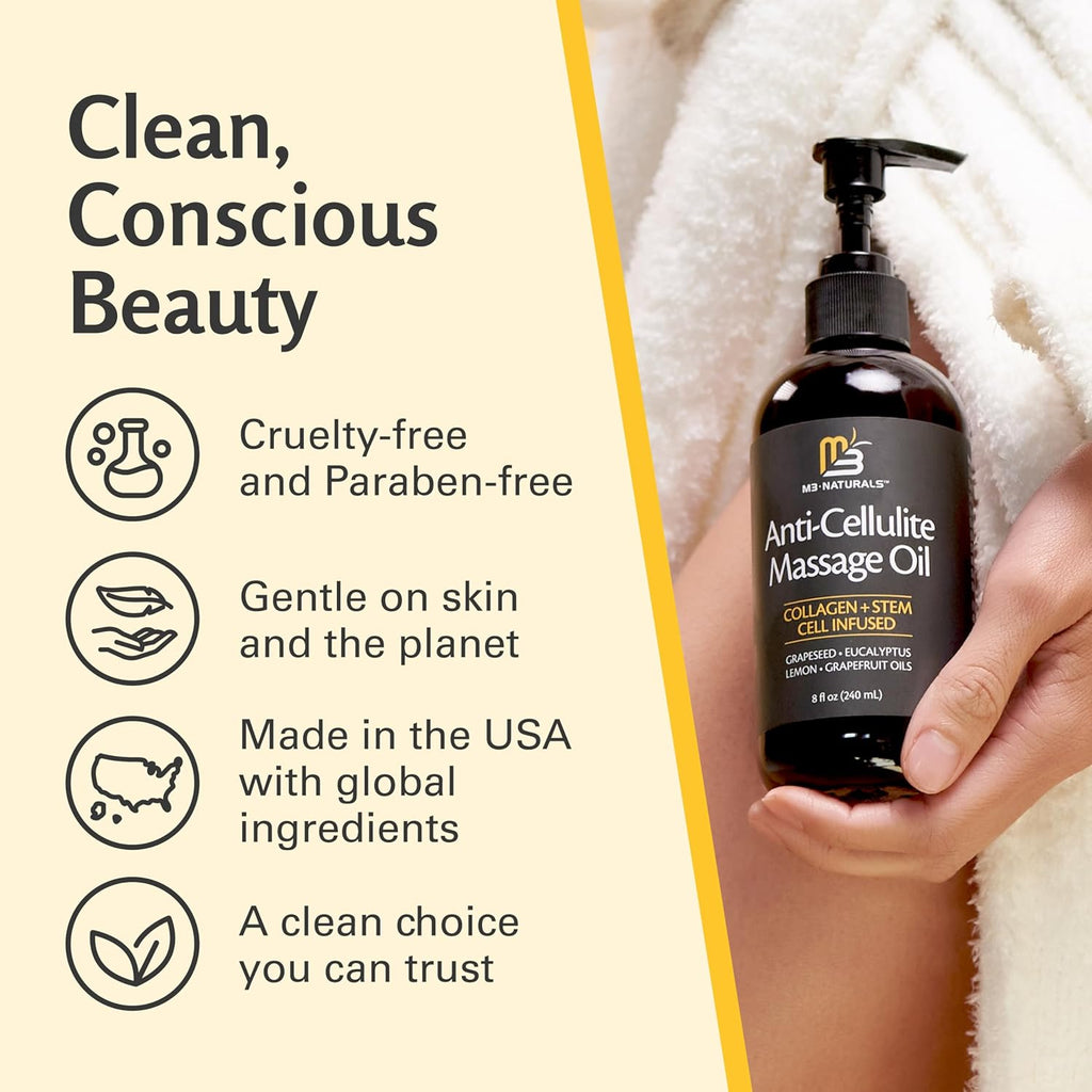 Firming Body Massage Oil with Collagen & Stem Cell – Helps Smooth the Appearance of Cellulite & Improve Skin Texture – Refreshing Aromatherapy Body Oil for Legs & Full Body – 8 Fl Oz by